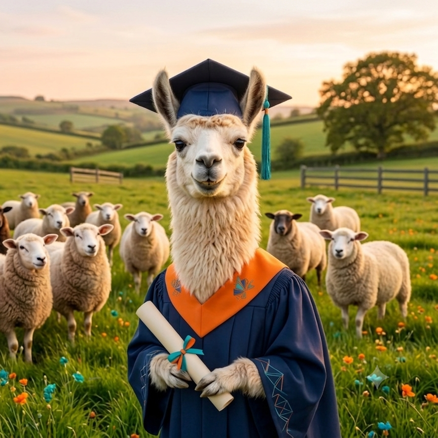 A whimsical illustration of a llama wearing a graduation cap and gown, standing proudly among a flock of sheep.