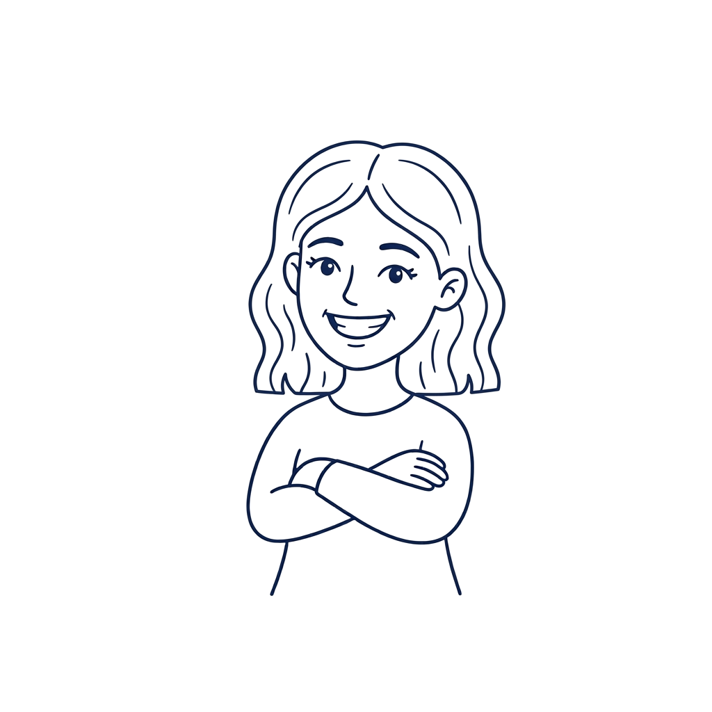 A line-drawing illustration of Karen Trim, founder of Done Different, smiling with arms crossed.