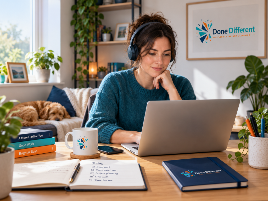 Woman with headphones working calmly on a laptop at a home desk