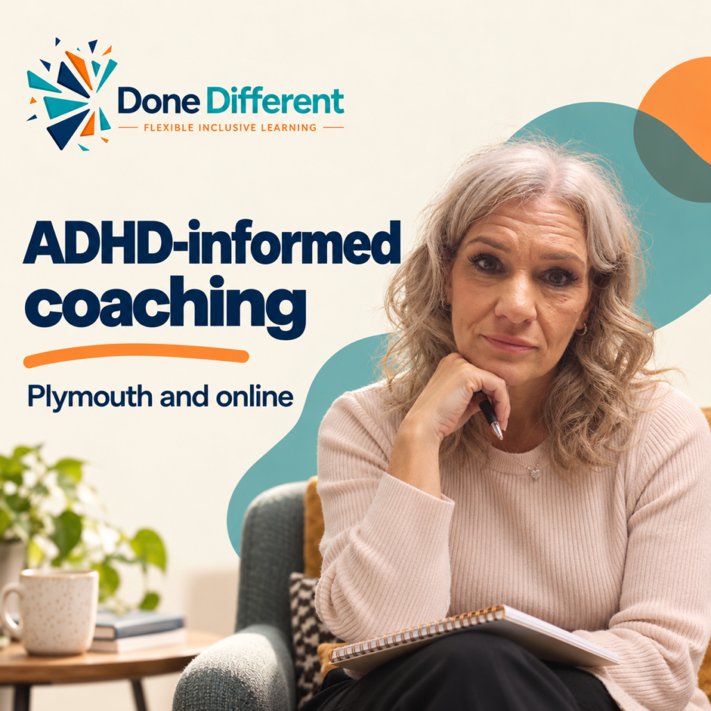 Done Different graphic reading "ADHD-informed coaching, Plymouth and online", with a woman in a pink jumper sitting in an armchair, resting her chin on her hand and holding a pen and notebook.