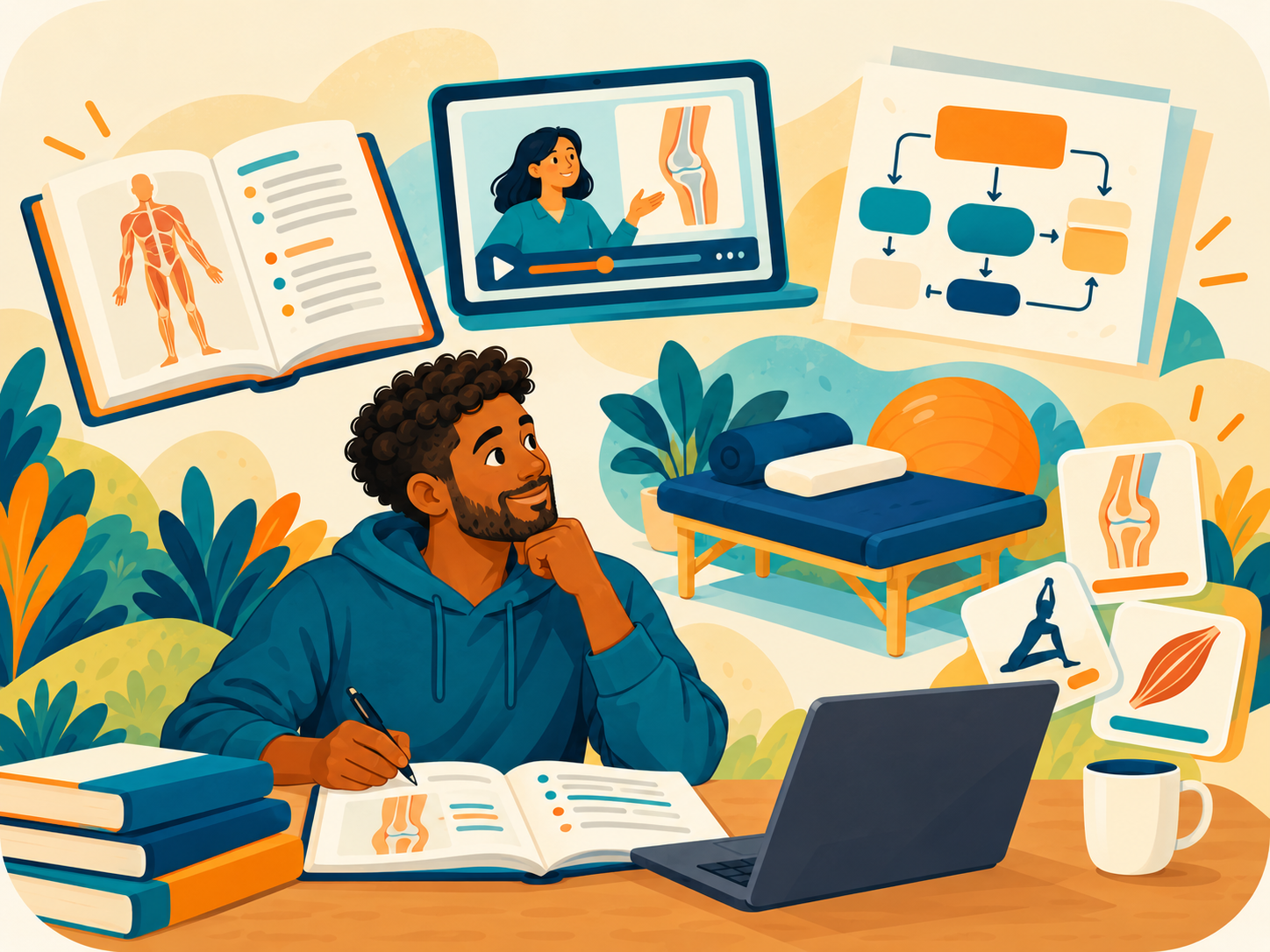 A learner at a desk with books and a laptop, surrounded by different ways to learn: a textbook diagram, a video lesson, a flowchart and picture flashcards
