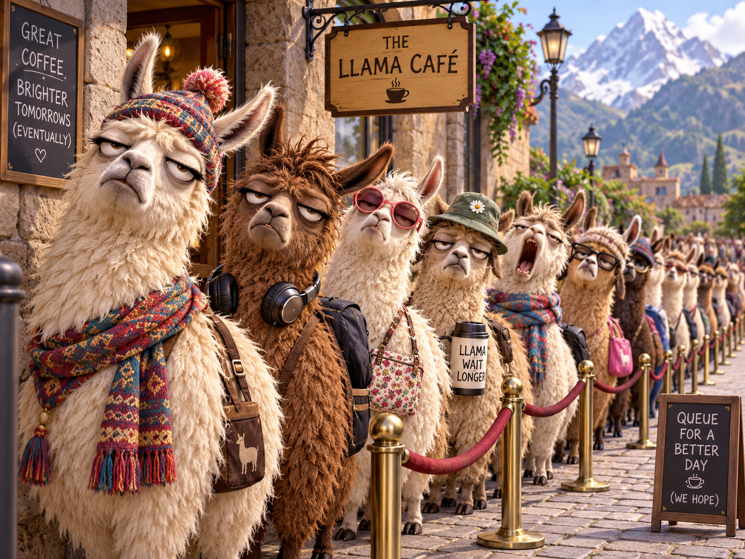AI-generated image: a long queue of grumpy llamas outside a cafe, a joke about the ADHD assessment waiting list