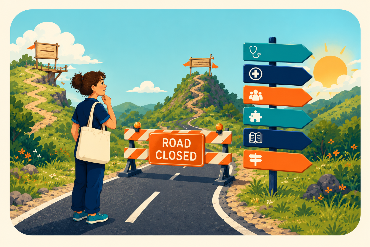 A woman pauses at a Road Closed sign while a signpost beside her points to several other routes